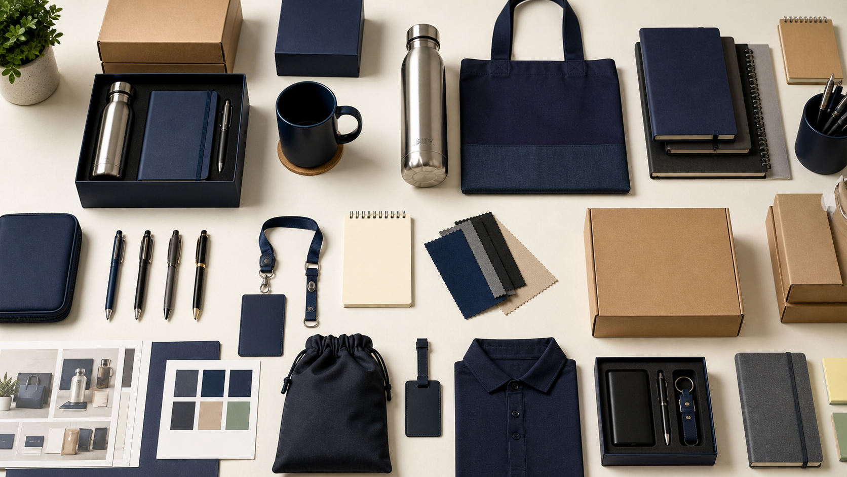Corporate sourcing board showing gifts, event merchandise, office supplies, packing, and quote planning