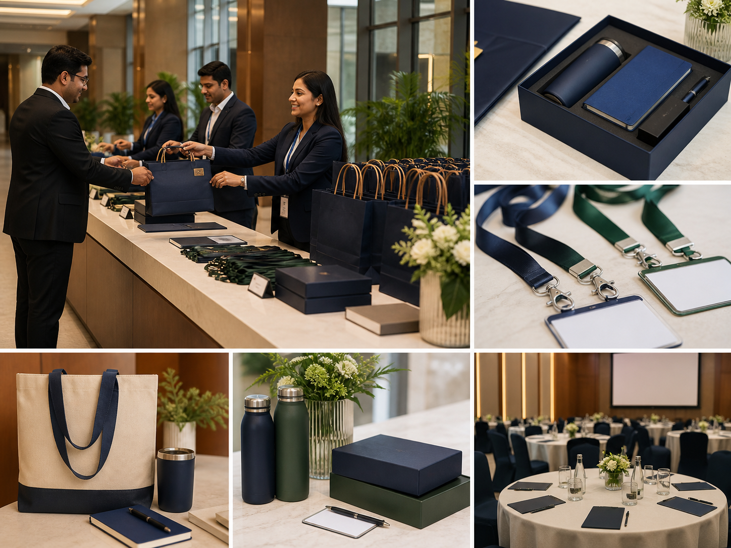 Branded event gift sets, tote bags, and lanyards prepared for delegates