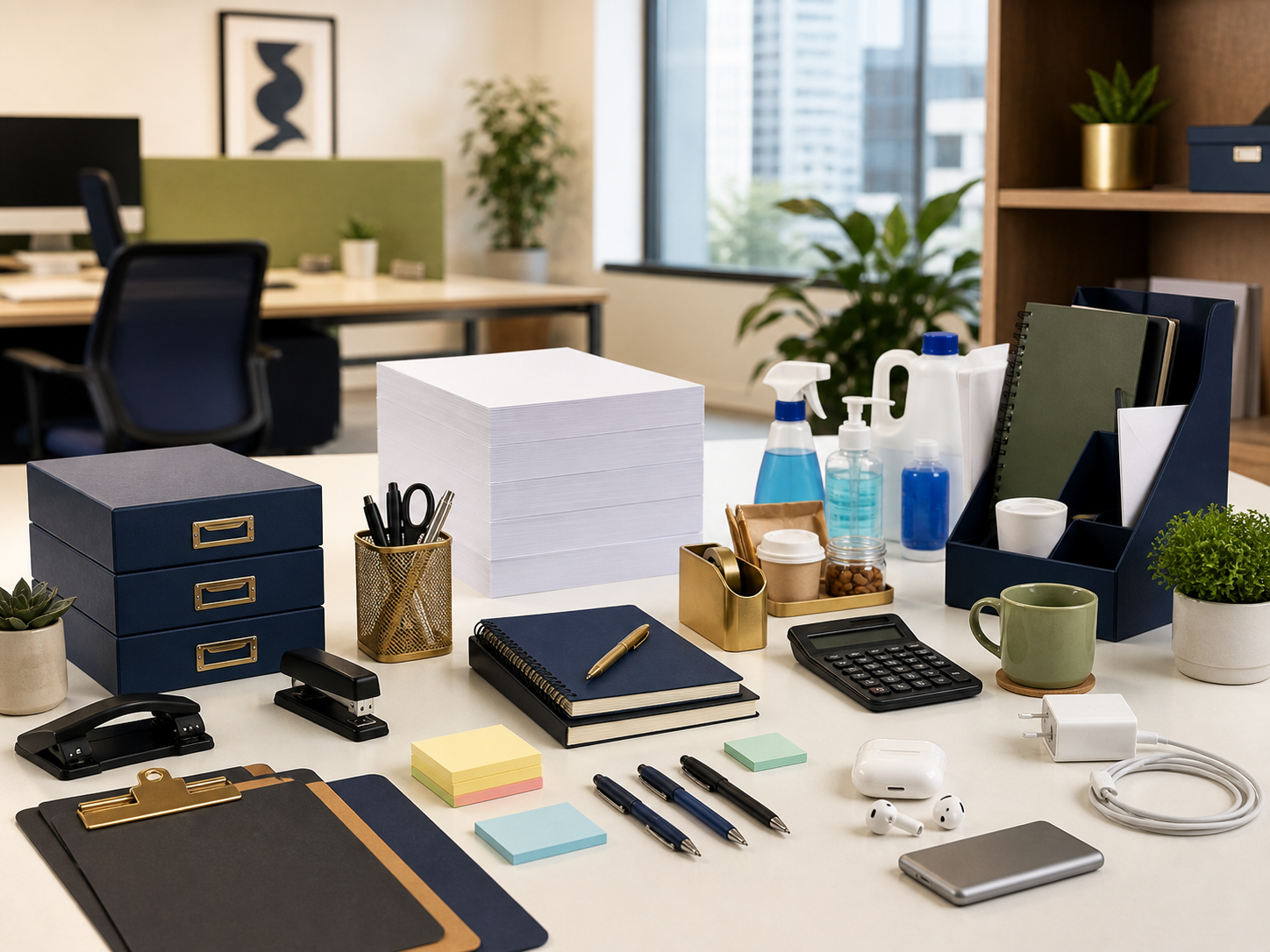 Desk stationery, pantry, and housekeeping supplies laid out in an office