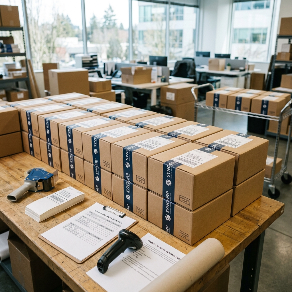 Packed corporate gift kits prepared for dispatch and delivery